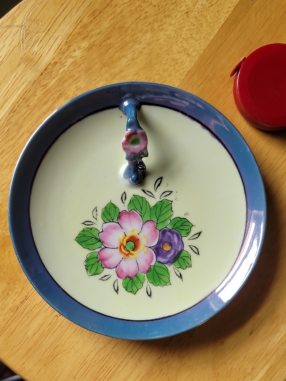 Vintage Japanese Lemon Luster Ware Plate. Blue Rim, Pink & Purple Flowers